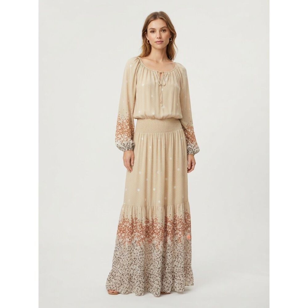 Express Boho Floral Peasant Maxi Dress Womens Size Large LG Taupe Brown